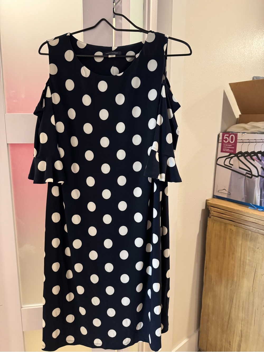 Tommy Hilfiger Navy and White Polka Dot Cold-Shoulder Midi Dress